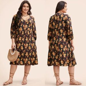 BloomChic Bohemian Loose Fit Navy Floral Fall Midi Dress Plus Size 22 24 2X